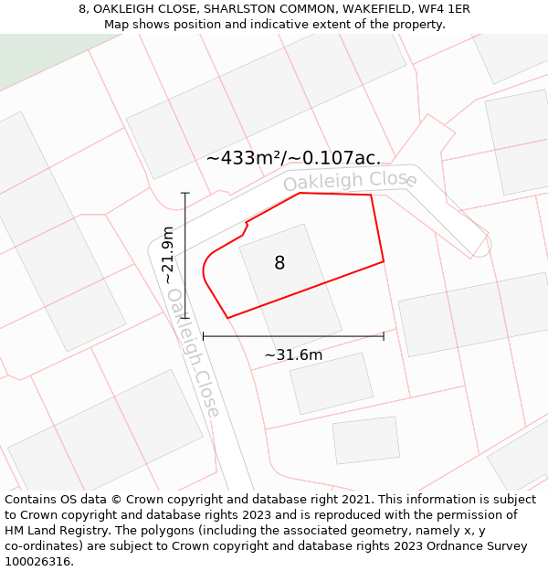 8, OAKLEIGH CLOSE, SHARLSTON COMMON, WAKEFIELD, WF4 1ER: Plot and title map