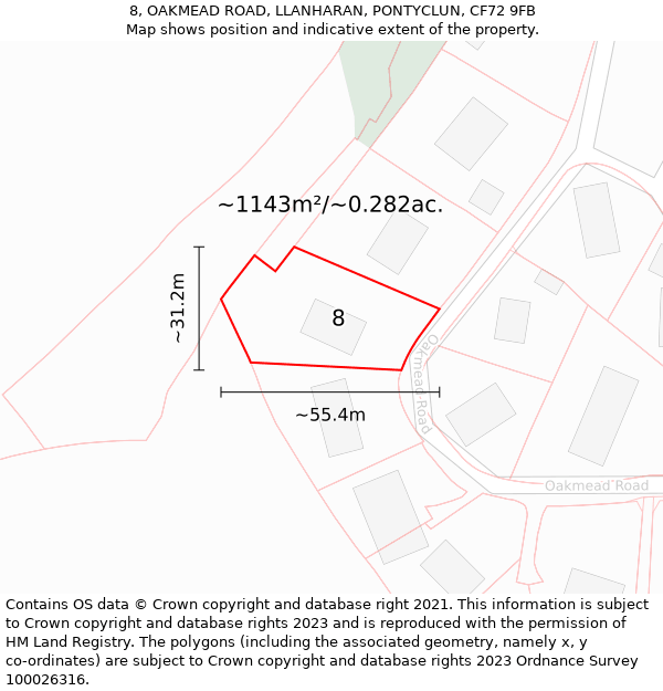 8, OAKMEAD ROAD, LLANHARAN, PONTYCLUN, CF72 9FB: Plot and title map