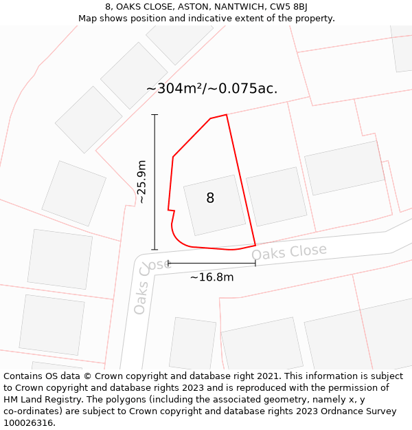 8, OAKS CLOSE, ASTON, NANTWICH, CW5 8BJ: Plot and title map