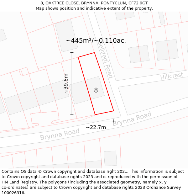 8, OAKTREE CLOSE, BRYNNA, PONTYCLUN, CF72 9GT: Plot and title map