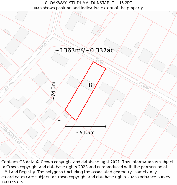 8, OAKWAY, STUDHAM, DUNSTABLE, LU6 2PE: Plot and title map