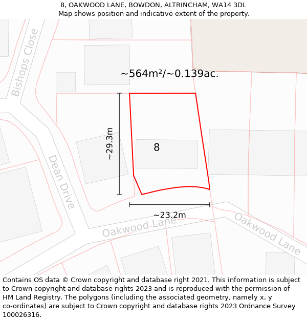 8, OAKWOOD LANE, BOWDON, ALTRINCHAM, WA14 3DL: Plot and title map