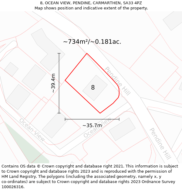 8, OCEAN VIEW, PENDINE, CARMARTHEN, SA33 4PZ: Plot and title map