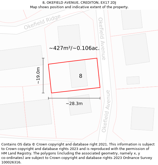 8, OKEFIELD AVENUE, CREDITON, EX17 2DJ: Plot and title map