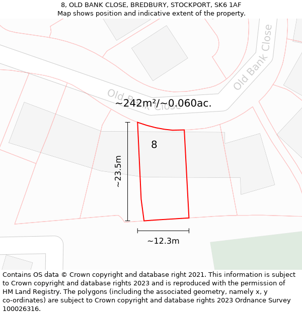 8, OLD BANK CLOSE, BREDBURY, STOCKPORT, SK6 1AF: Plot and title map