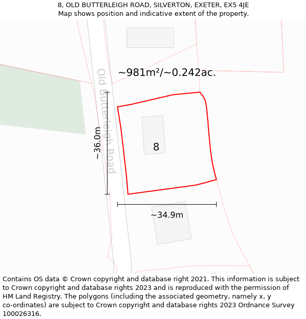 8, OLD BUTTERLEIGH ROAD, SILVERTON, EXETER, EX5 4JE: Plot and title map