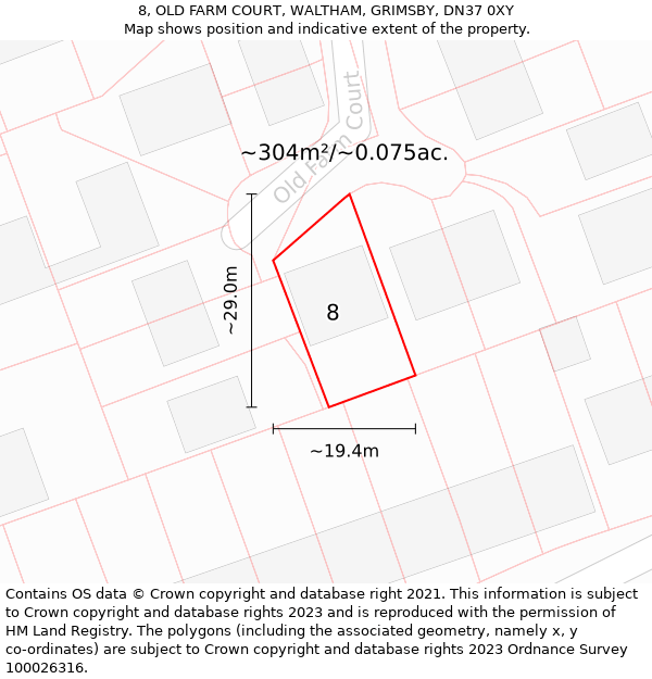 8, OLD FARM COURT, WALTHAM, GRIMSBY, DN37 0XY: Plot and title map