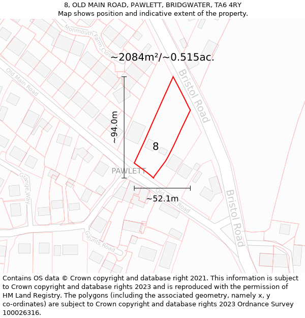 8, OLD MAIN ROAD, PAWLETT, BRIDGWATER, TA6 4RY: Plot and title map