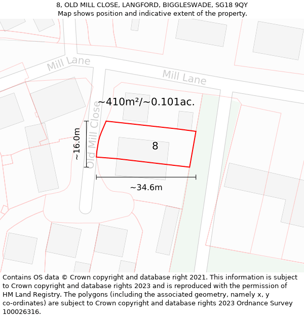 8, OLD MILL CLOSE, LANGFORD, BIGGLESWADE, SG18 9QY: Plot and title map