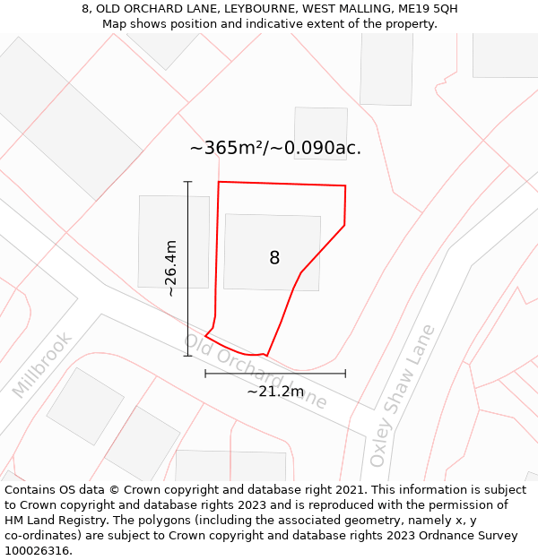 8, OLD ORCHARD LANE, LEYBOURNE, WEST MALLING, ME19 5QH: Plot and title map