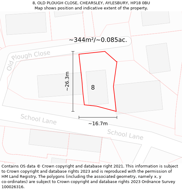 8, OLD PLOUGH CLOSE, CHEARSLEY, AYLESBURY, HP18 0BU: Plot and title map