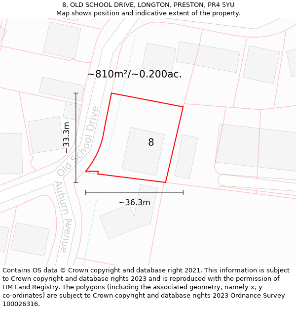 8, OLD SCHOOL DRIVE, LONGTON, PRESTON, PR4 5YU: Plot and title map