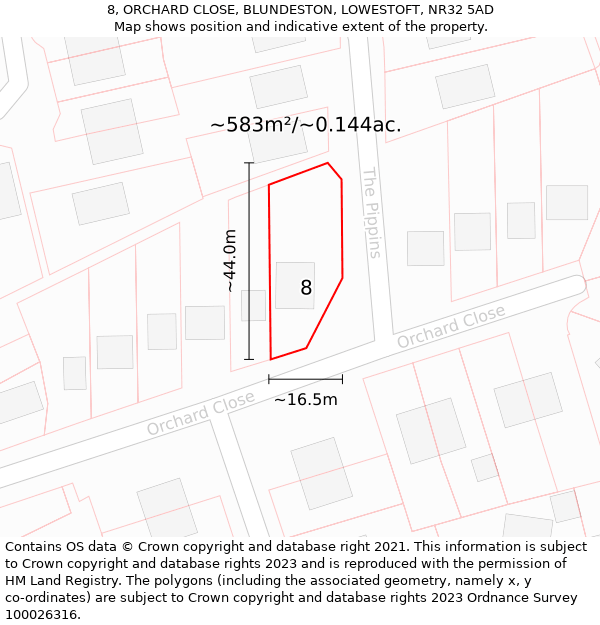 8, ORCHARD CLOSE, BLUNDESTON, LOWESTOFT, NR32 5AD: Plot and title map