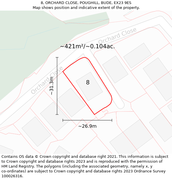 8, ORCHARD CLOSE, POUGHILL, BUDE, EX23 9ES: Plot and title map