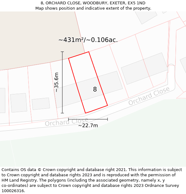 8, ORCHARD CLOSE, WOODBURY, EXETER, EX5 1ND: Plot and title map
