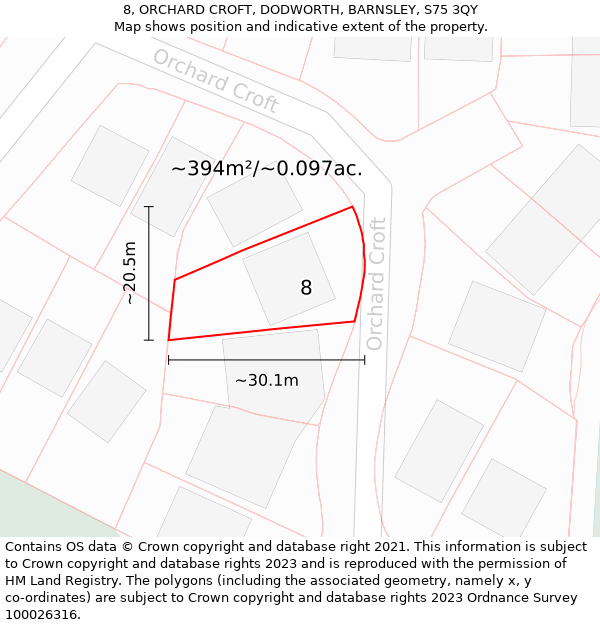 8, ORCHARD CROFT, DODWORTH, BARNSLEY, S75 3QY: Plot and title map