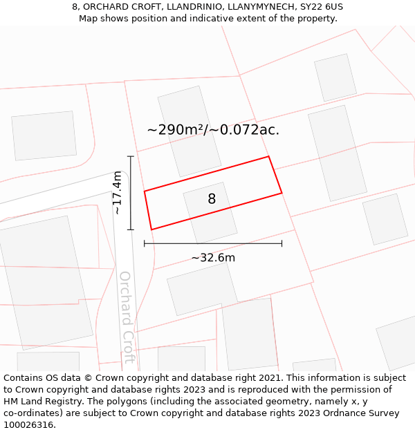 8, ORCHARD CROFT, LLANDRINIO, LLANYMYNECH, SY22 6US: Plot and title map