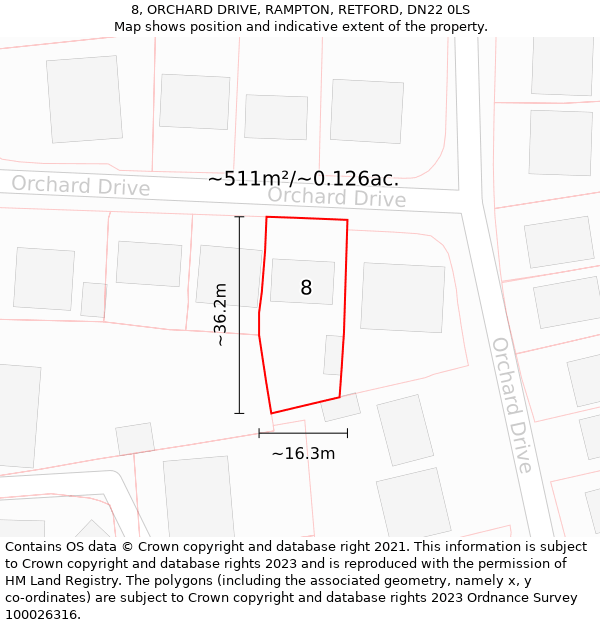 8, ORCHARD DRIVE, RAMPTON, RETFORD, DN22 0LS: Plot and title map