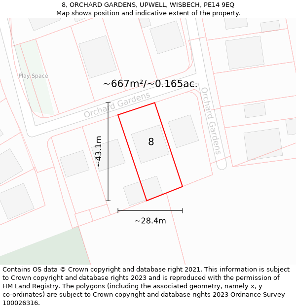 8, ORCHARD GARDENS, UPWELL, WISBECH, PE14 9EQ: Plot and title map