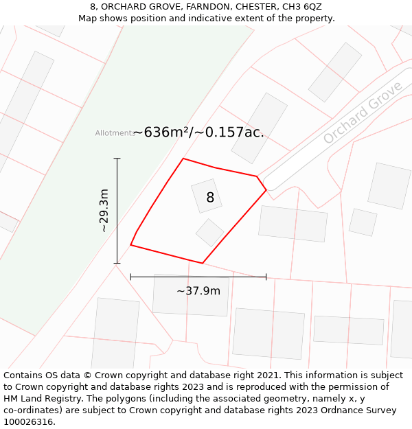 8, ORCHARD GROVE, FARNDON, CHESTER, CH3 6QZ: Plot and title map