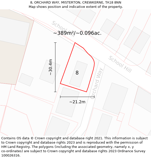 8, ORCHARD WAY, MISTERTON, CREWKERNE, TA18 8NN: Plot and title map