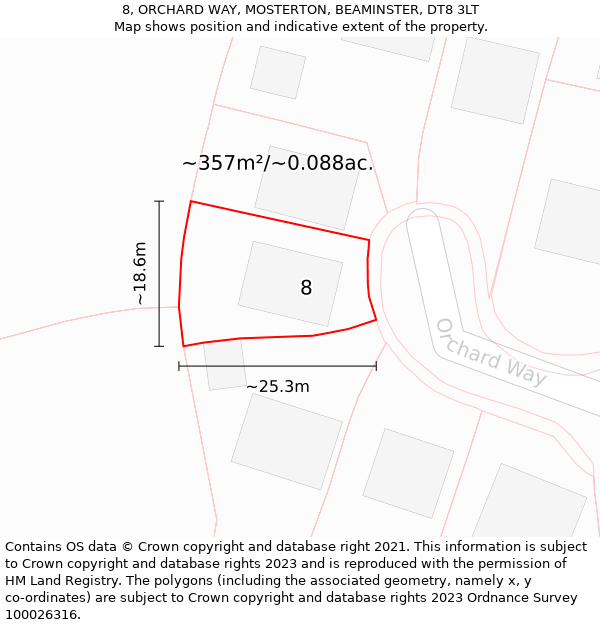 8, ORCHARD WAY, MOSTERTON, BEAMINSTER, DT8 3LT: Plot and title map