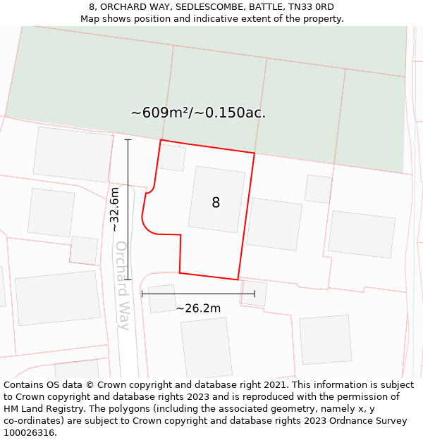 8, ORCHARD WAY, SEDLESCOMBE, BATTLE, TN33 0RD: Plot and title map