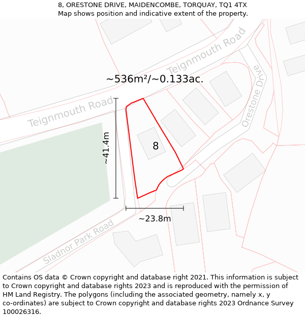 8, ORESTONE DRIVE, MAIDENCOMBE, TORQUAY, TQ1 4TX: Plot and title map