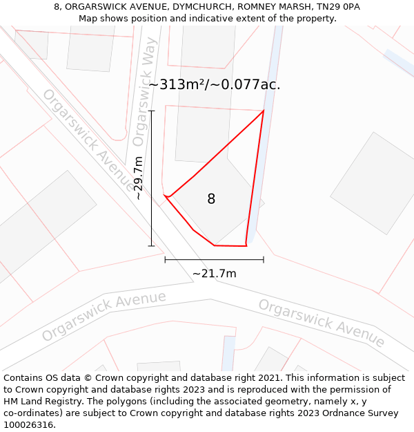 8, ORGARSWICK AVENUE, DYMCHURCH, ROMNEY MARSH, TN29 0PA: Plot and title map