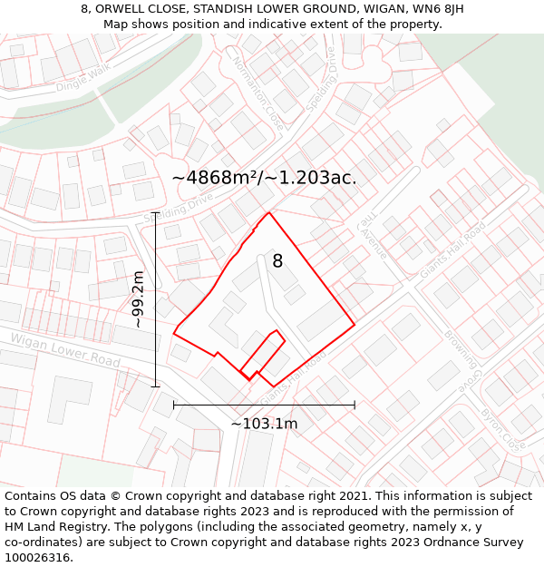 8, ORWELL CLOSE, STANDISH LOWER GROUND, WIGAN, WN6 8JH: Plot and title map