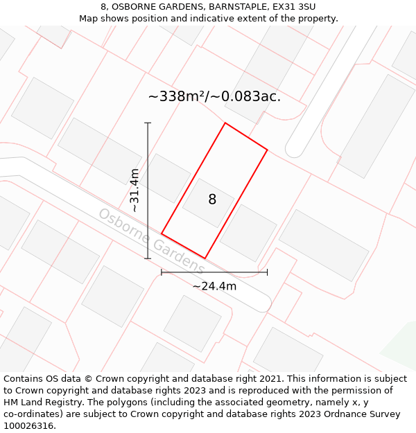 8, OSBORNE GARDENS, BARNSTAPLE, EX31 3SU: Plot and title map