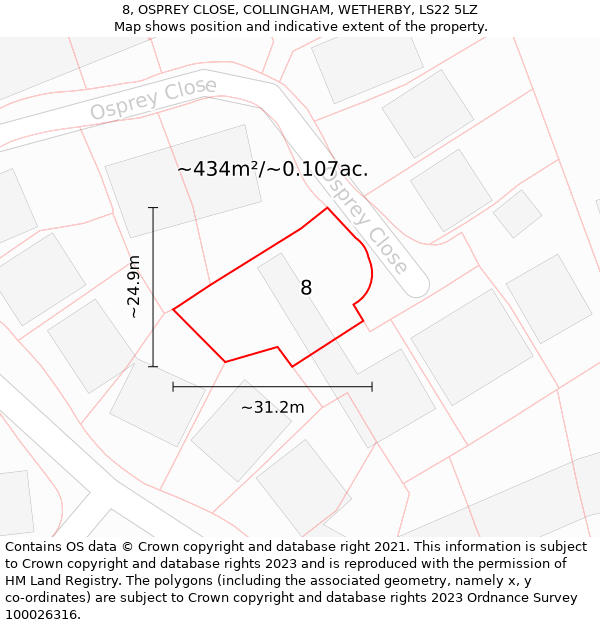 8, OSPREY CLOSE, COLLINGHAM, WETHERBY, LS22 5LZ: Plot and title map