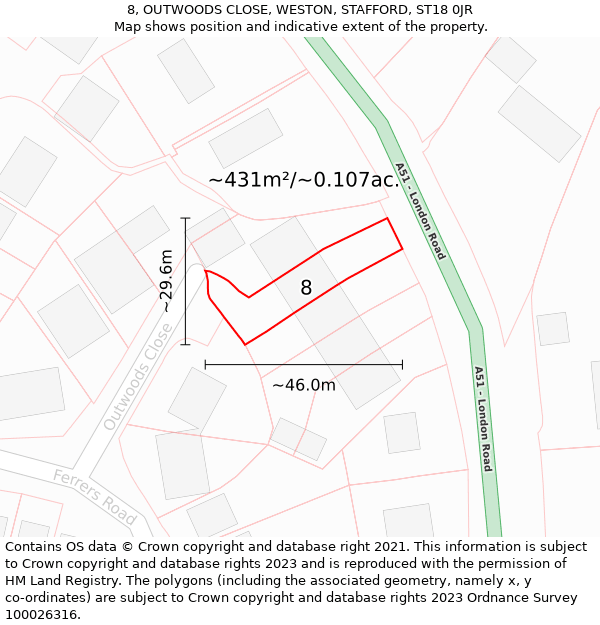 8, OUTWOODS CLOSE, WESTON, STAFFORD, ST18 0JR: Plot and title map