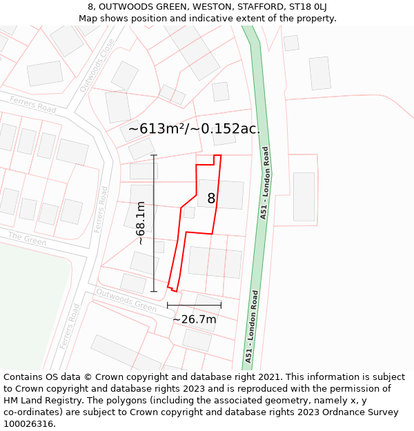 8, OUTWOODS GREEN, WESTON, STAFFORD, ST18 0LJ: Plot and title map