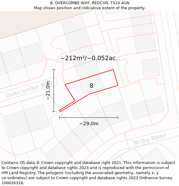 8, OVERCOMBE WAY, REDCAR, TS10 4GN: Plot and title map