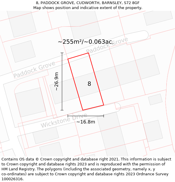 8, PADDOCK GROVE, CUDWORTH, BARNSLEY, S72 8GF: Plot and title map