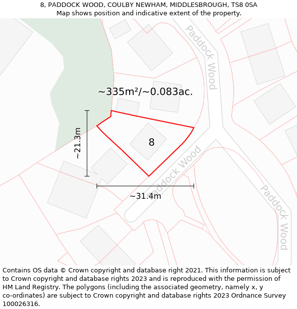 8, PADDOCK WOOD, COULBY NEWHAM, MIDDLESBROUGH, TS8 0SA: Plot and title map