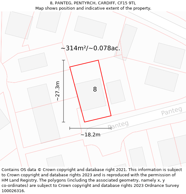 8, PANTEG, PENTYRCH, CARDIFF, CF15 9TL: Plot and title map