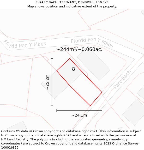 8, PARC BACH, TREFNANT, DENBIGH, LL16 4YE: Plot and title map