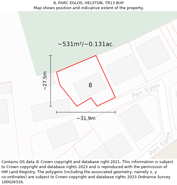 8, PARC EGLOS, HELSTON, TR13 8UP: Plot and title map