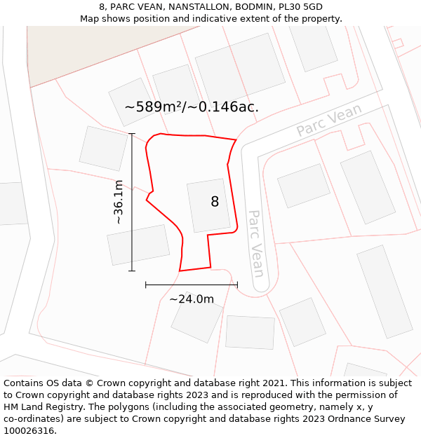 8, PARC VEAN, NANSTALLON, BODMIN, PL30 5GD: Plot and title map