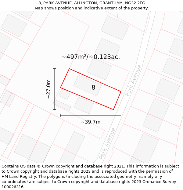 8, PARK AVENUE, ALLINGTON, GRANTHAM, NG32 2EG: Plot and title map