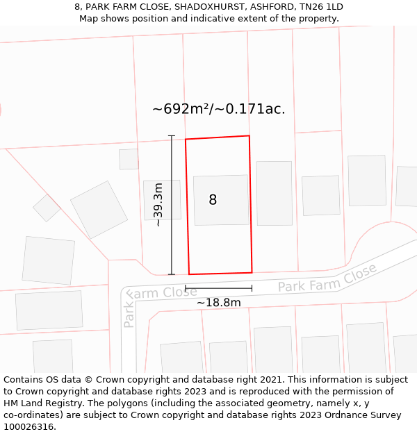 8, PARK FARM CLOSE, SHADOXHURST, ASHFORD, TN26 1LD: Plot and title map