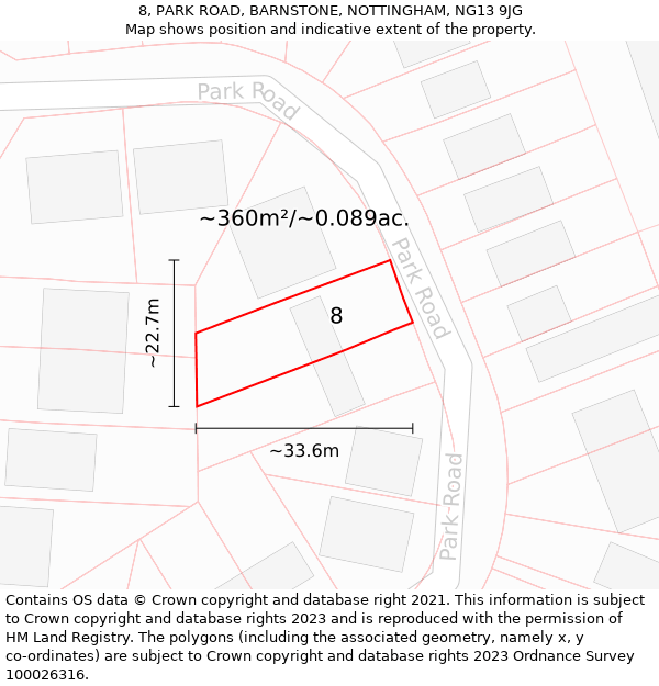 8, PARK ROAD, BARNSTONE, NOTTINGHAM, NG13 9JG: Plot and title map