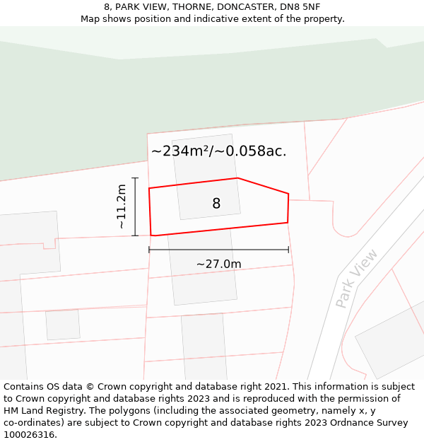 8, PARK VIEW, THORNE, DONCASTER, DN8 5NF: Plot and title map