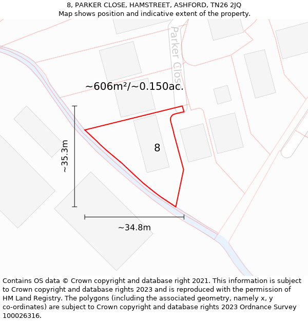 8, PARKER CLOSE, HAMSTREET, ASHFORD, TN26 2JQ: Plot and title map