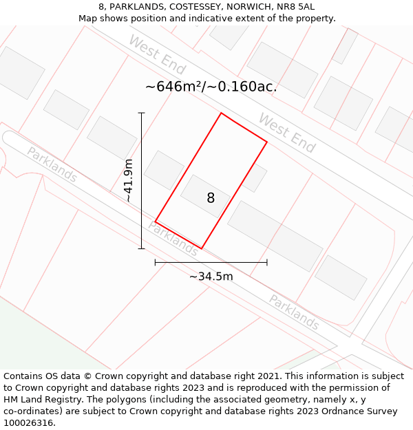 8, PARKLANDS, COSTESSEY, NORWICH, NR8 5AL: Plot and title map