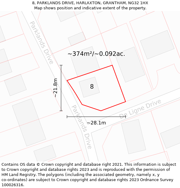 8, PARKLANDS DRIVE, HARLAXTON, GRANTHAM, NG32 1HX: Plot and title map