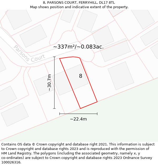 8, PARSONS COURT, FERRYHILL, DL17 8TL: Plot and title map