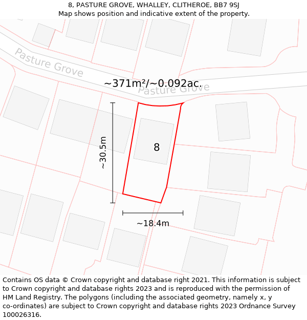 8, PASTURE GROVE, WHALLEY, CLITHEROE, BB7 9SJ: Plot and title map
